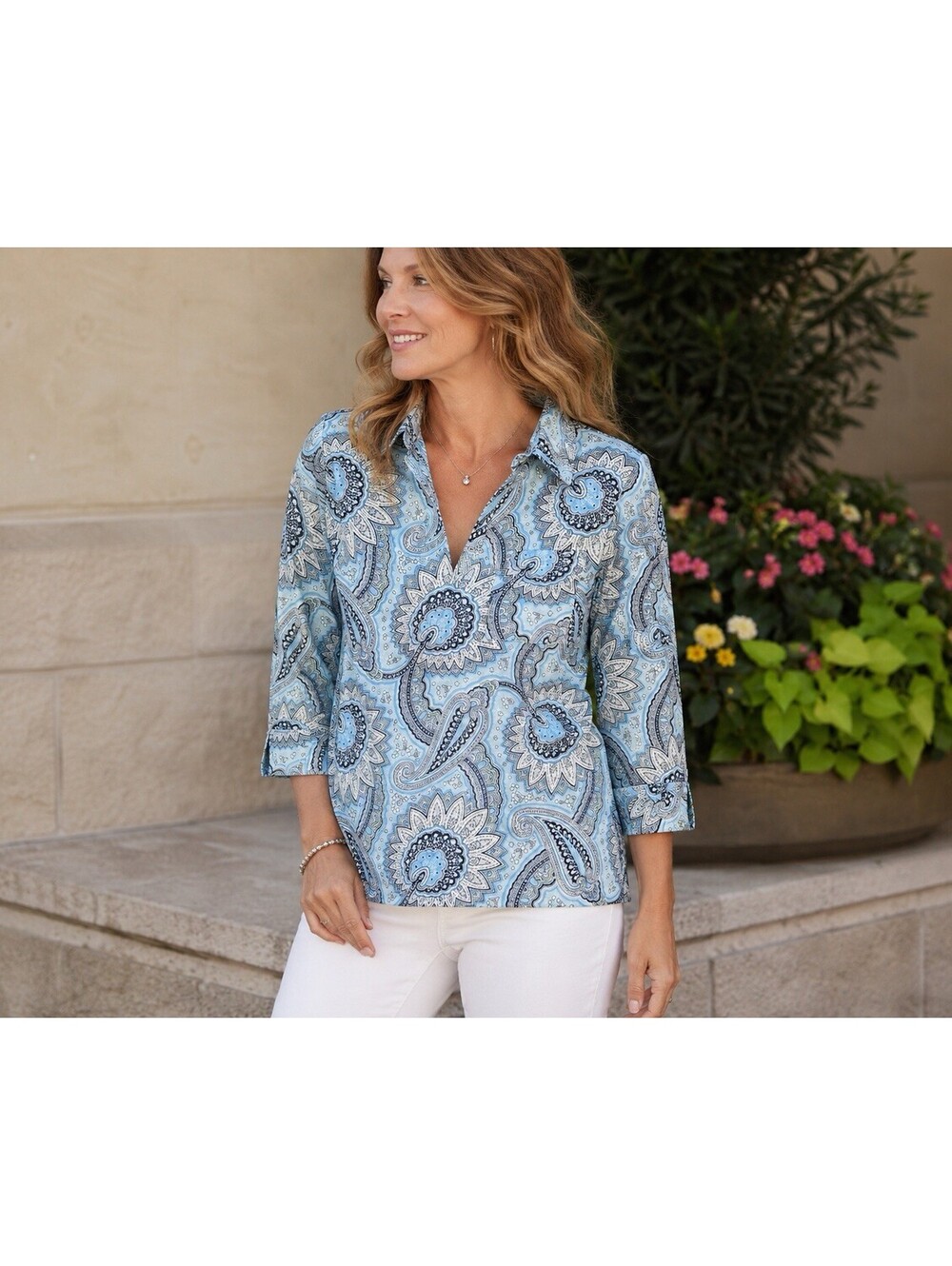 Talbots Paisley Pullover Blouse Women M Blue V Neck 3/4 Sleeve